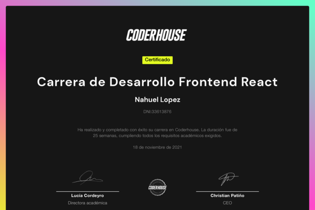 imagen del certificado de mi carrera de Desarrollador Front-end React